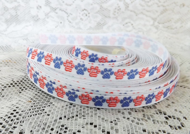 Paw Print Ribbon Patriotic Dog Paw Ribbon 3 8 Grosgrain Ribbon Etsy
