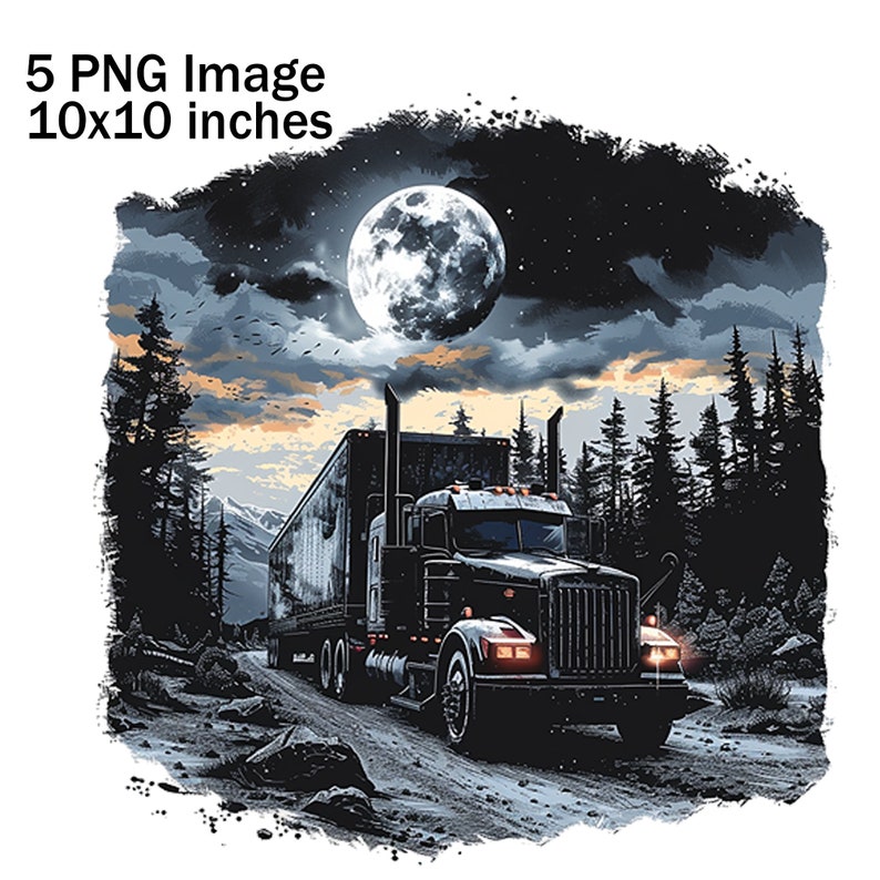 May include: A black semi-truck drives down a snowy road at night under a full moon. The truck is surrounded by tall, dark trees.