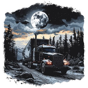 May include: A black semi-truck drives down a snowy road at night. The truck is illuminated by the bright light of a full moon. The road is surrounded by a dark forest.