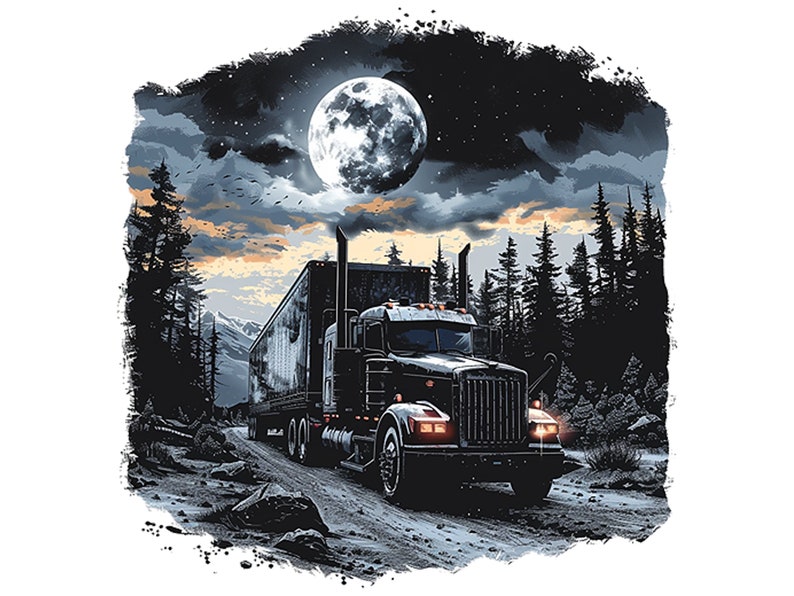 May include: A black semi-truck drives down a snowy road at night. The truck is illuminated by the bright light of a full moon. The road is surrounded by a dark forest.