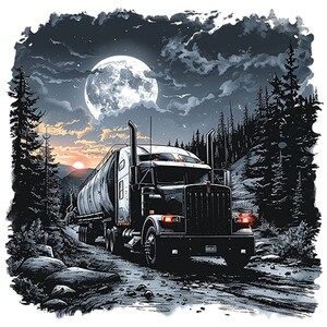 May include: A black semi-truck with a white tanker trailer drives down a snowy road at night. The truck is illuminated by a large, full moon in the sky. The road is lined with tall, dark trees.