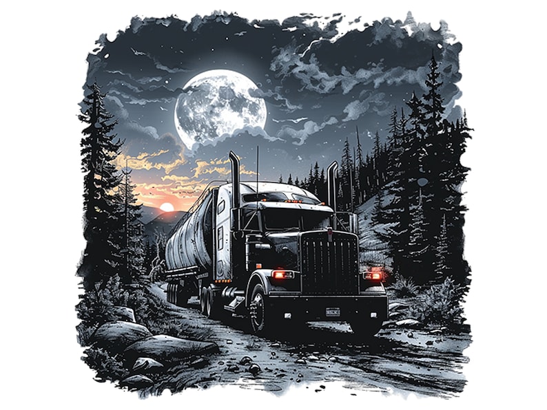 May include: A black semi-truck with a white tanker trailer drives down a snowy road at night. The truck is illuminated by a large, full moon in the sky. The road is lined with tall, dark trees.