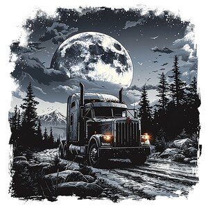 May include: A black semi-truck drives down a snowy road at night. The truck has a large, bright moon behind it. The road is surrounded by trees and mountains.