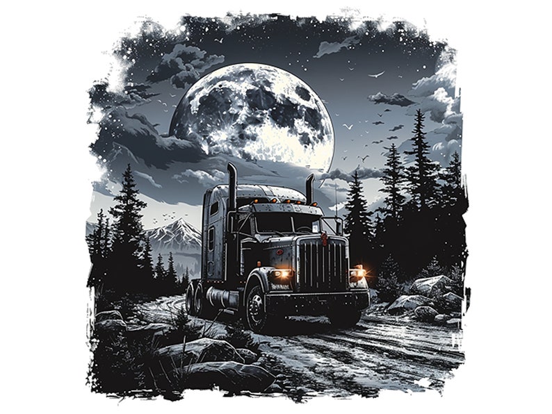 May include: A black semi-truck drives down a snowy road at night. The truck has a large, bright moon behind it. The road is surrounded by trees and mountains.