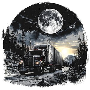 May include: A black semi-truck drives through a snowy mountain pass under a full moon and a starry sky.