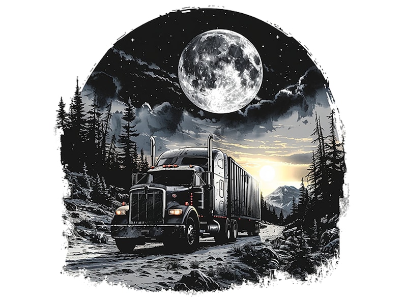 May include: A black semi-truck drives through a snowy mountain pass under a full moon and a starry sky.
