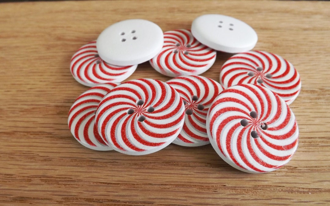 10 Round Candy Cane Buttons, 30mm 1 1/8 Inch Wood Valentine Buttons, 4 Hole Peppermint Buttons