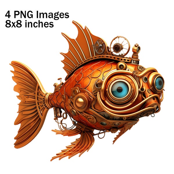 Goldfish Clipart, Steampunk Style, Fish Illustrations, Steampunk Goldfish, Digital Graphics, Instant Download, DIY Crafts