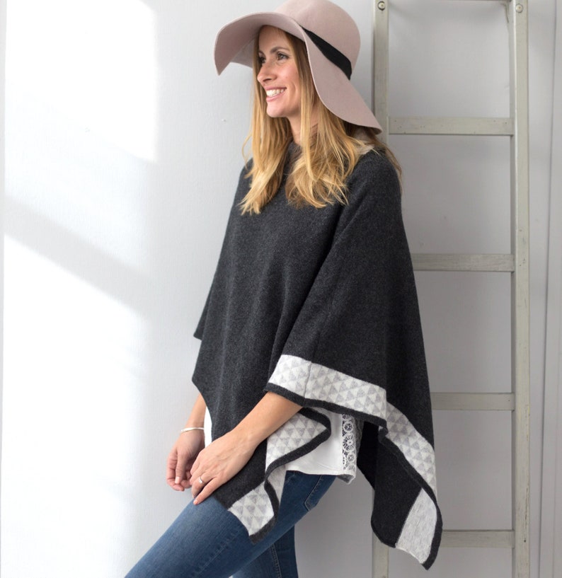 Luxury British Knitwear. Knitwear wool cardigan Knitted cape Knitted lambswool poncho geometric pattern detail