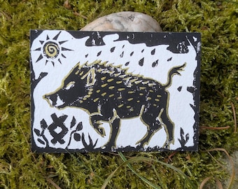 ACEO Gullinborsti linocut print | ATC | Miniature painting Artwork | handmade unique pig print | wood forest golden boar norse god Freyr