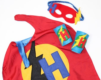 superhero bundle, personalised cuffs, eye mask and cape for kids