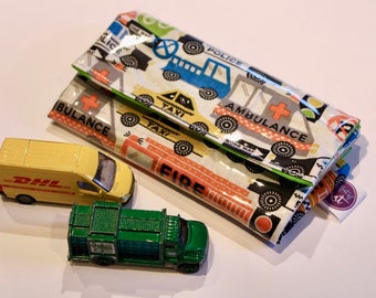 Personalised Toy car carrier with play road. Printed with fire engines, ambulances and police cars.