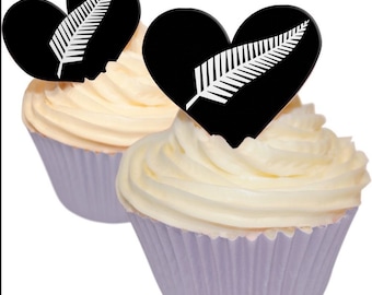 12 PRE CUT EDIBLE Rice Wafer Card New Zealand Silver Fern Heart Cupcake Party Toppers