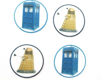 PRE CUT 12 Edible Rice Paper Wafer Card Dr Who Dalek and Tardis Cupcake Party Toppers