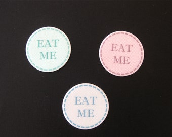 PRE CUT 12 Edible Rice Paper Wafer Card Eat Me Alice in Wonderland Cupcake Party Toppers