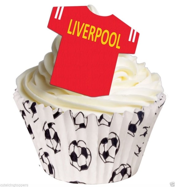 12 PRE CUT EDIBLE RICE WAFER PAPER LIVERPOOL FOOTBALL SHIRT CUPCAKE PARTY TOPPER