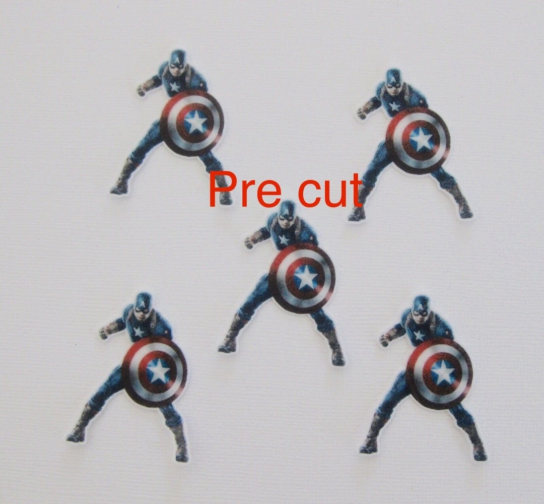 12 PRE CUT EDIBLE Captain America Superhero Stand up Rice Wafer Paper ...