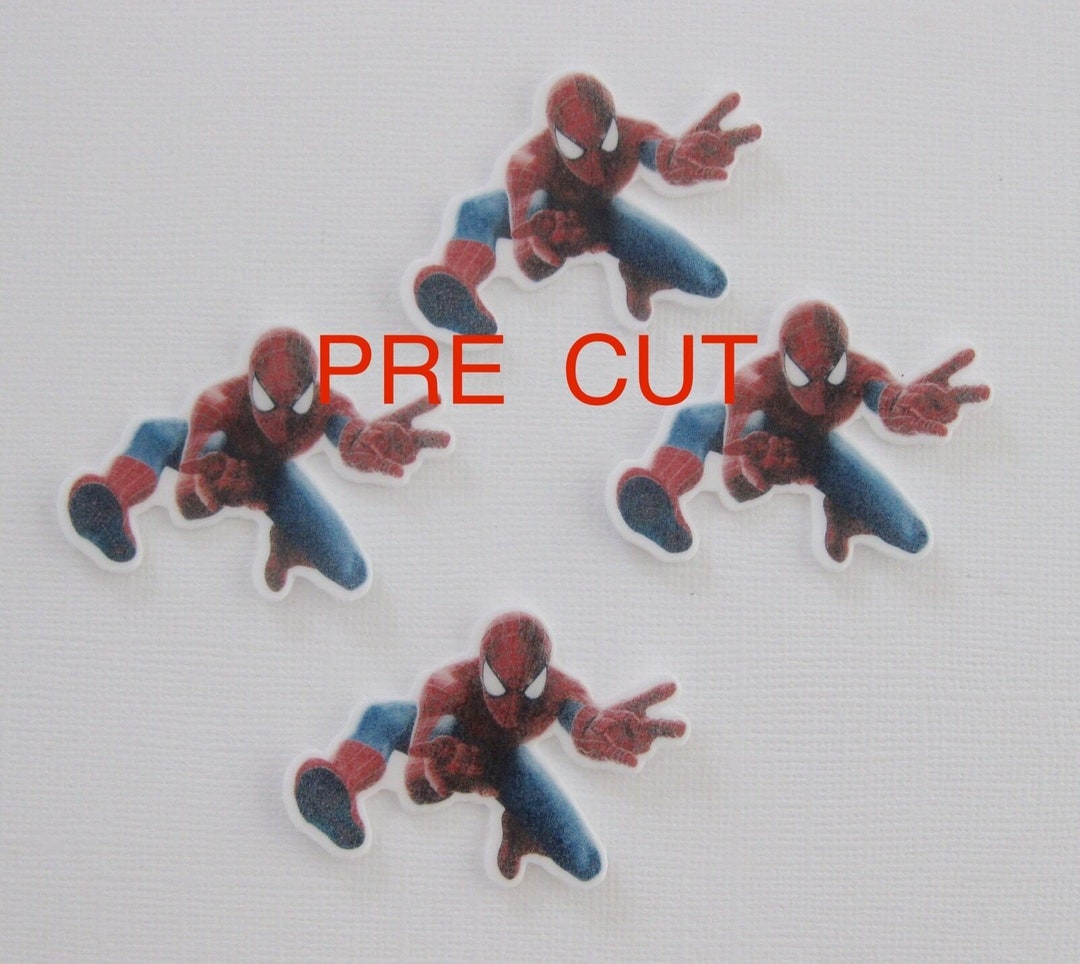 12 PRE CUT EDIBLE Spiderman Superhero Stand up Rice Wafer Paper Card ...