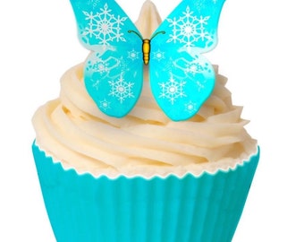 12 PRE CUT EDIBLE Rice Wafer Card Frozen Butterfly Cupcake Party Toppers