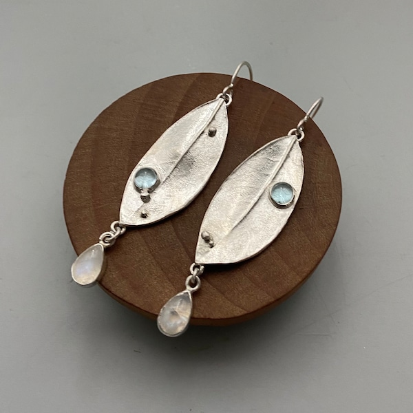 Sterling Silver Rhododendron leaf earrings with topaz and moonstone