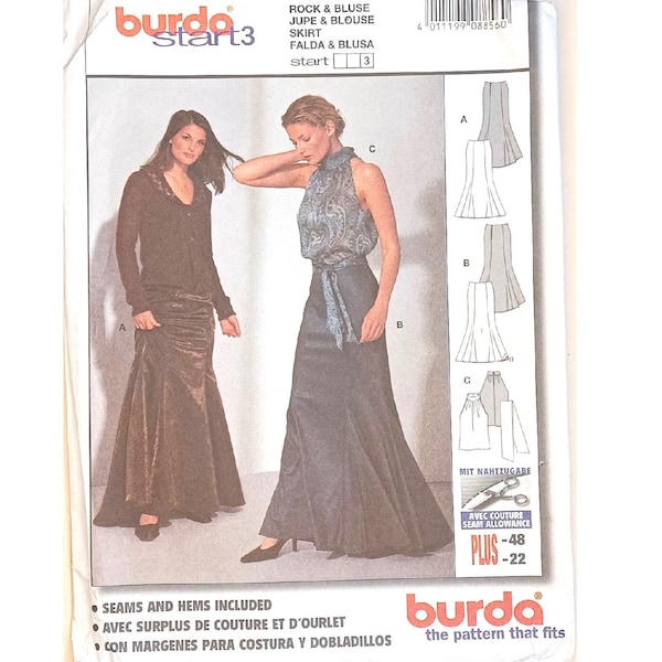 Burda 8856 satin de soie taffetas mousseline de soie haut chemisier sans manches dos nu, jupe longue godet ajustée et évasée patron de couture Royaume-Uni 8-22