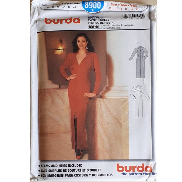 UNCUT Burda 8900 1940's Influenced Elegant Fitted Evening Wedding Bridal Bridesmaid Dress Gown Sewing Pattern Size 10 12 14 16 18 20