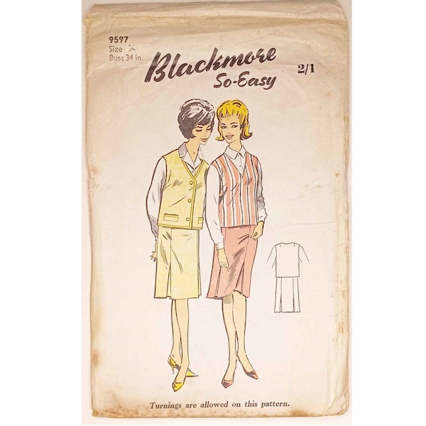Rare UNUSED Vintage 60's Blackmore 9597 Pullover or Button Sleeveless Jacket Vest Waistcoat & Kick Pleat Skirt Sewing Pattern Bust 34" UK 12