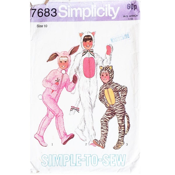 Part UNCUT Vintage Simplicity 7683 Girls Boys Childrens Bunny Rabbit, Cat and Tiger Onesie Costume Fancy Dress Sewing Pattern Age 10