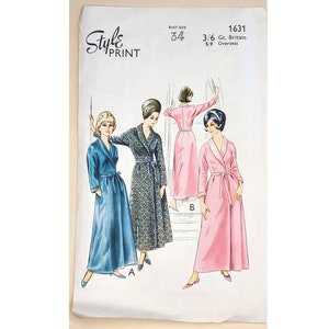 UNCUT Style 1631 Vintage 1960's Satin Shawl Collar Wrap Dressing Gown Bathrobe Robe Sewing Pattern Bust 34" 87 cm UK 12