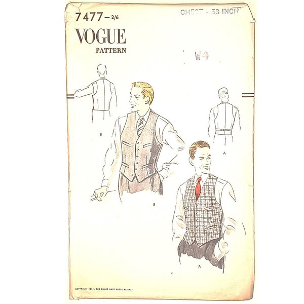 Rare Vintage 1950's Vogue 7477 Mens Single Breasted Vest Waistcoat 4 Welt Pockets Plainback or Adjustable Belt Sewing Pattern Chest 38" 97cm