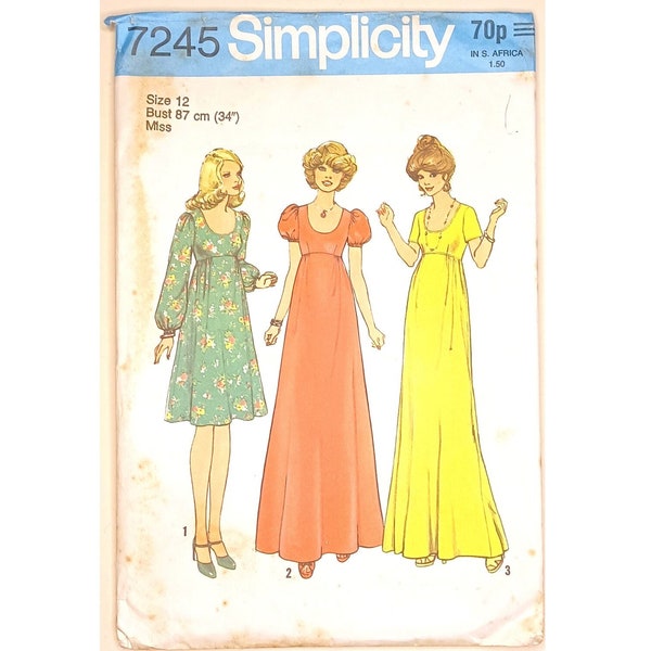 Stunning Vintage Simplicity 7245 Empire Line Boho Festival Puff Lantern Sleeve Mid Maxi Evening Dress Sewing Pattern UK 12 Bust 34"