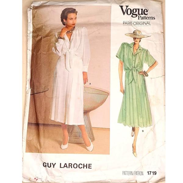 Part UNCUT Vintage Vogue Paris Original 1719 Guy Laroche Summer Linen Tie Front Blouse Shirt & Pleated Skirt Sewing Pattern UK 12 Bust 34"