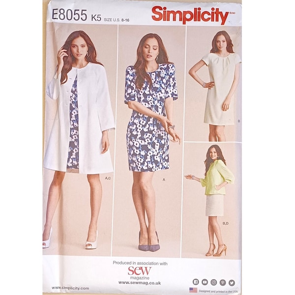 UNCUT Simplicity 8055 Classic Raglan 3/4 Sleeve Coat and Lined Shift Sheath Tea Dress Sewing Pattern UK 8 10 12 14 16