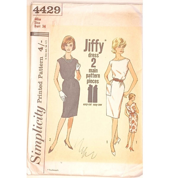 Vintage 1960's Simplicity Jiffy 4429 "Simple to Make".Jackie O Holly Golightly Little Black Dress Sewing Pattern Bust 34" UK 12