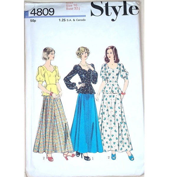 Rare UNCUT Style 4809 Vintage 1970's Puff Sleeve Sweetheart Neckline Peplum Top & Maxi Evening Length Skirt Sewing Pattern Small UK 10