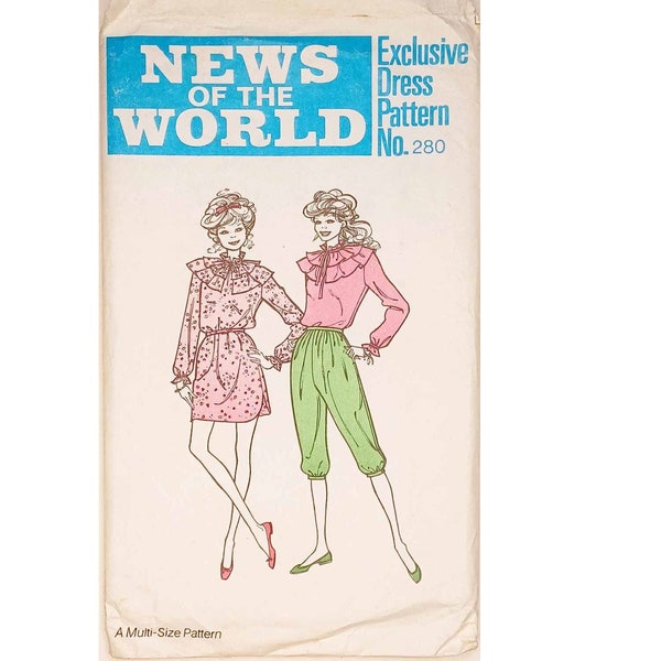 Rare UNCUT News of the World 280 Cottagecore Victorian Ruffle Collar Bloues Shirt and Pedal Pusher knickerbockers Sewing Pattern UK 10 - 16