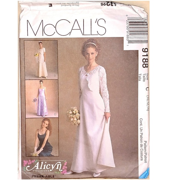 UNCUT Vintage McCall's 9188 Designer Alicyn Wedding Bridal Bridesmaid Dress Gown & Lace Shrug Bolero Jacket Sewing Pattern UK 10 12 14