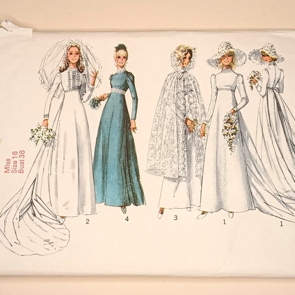 Part UNCUT Vintage Simplicity 9600 Winter Lace Trim Wedding Bridal Bridesmaid Dress Gown Optional Train & Hooded Cape Sewing Pattern UK 16