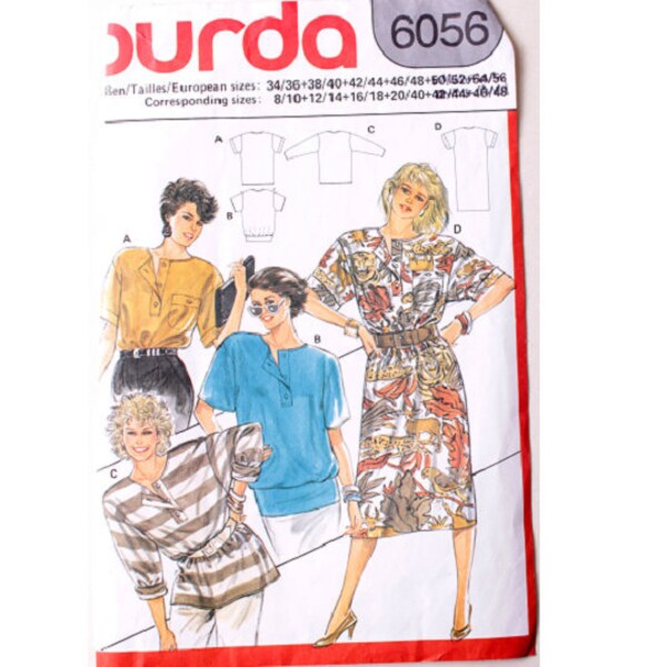 Burda 6056 Vintage 1980's Summer Pullover Jersey Knit T Shirt Top / Dress Sewing Pattern 3 Sizes S M L