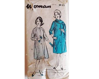 Vintage Frau 435 Runde Hals Tag Abend Mantel Mac Jacke Mantel mit Schal Nähen Muster Größe Büste 36" UK 14