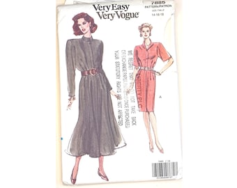 Rare UNCUT Vintage Very Easy Very Vogue 7885 Long Short Sleeve Stand Collar Button Through Fitted or Flare Dress Sewing Pattern UK 14 16 18