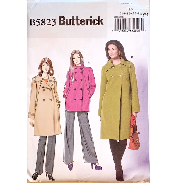 UNCUT Butterick 5823 Winter Wool Loose Lined Double Breasted Coat Jacket Sewing Pattern UK 16 18 20 22 24