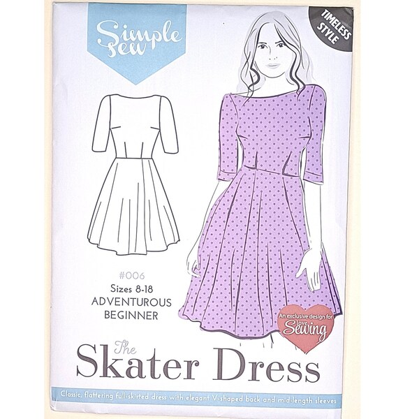 UNCUT Simple Sew 006 The Skater Dress Elbow Length Sleeve Plunge V Open Back Bateau Neck Tea Dress Sewing Pattern UK 8 10 12 14 16 18