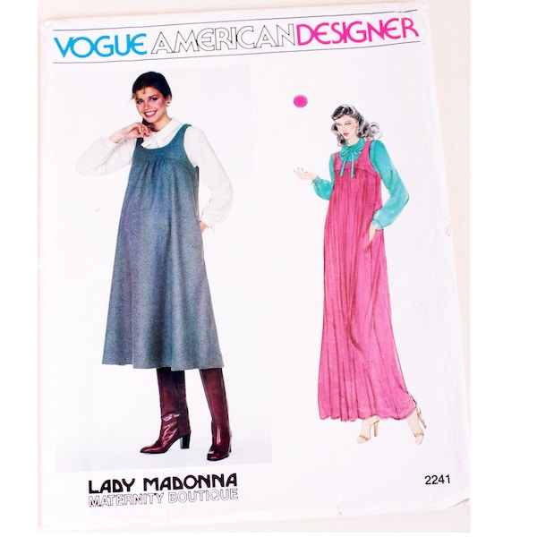 UNCUT Vogue American Designer 2241 Vintage Lady Madonna Maternity Denim Pinafore Dress Mid / Maxi Length and Blouse Sewing Pattern Size UK 8