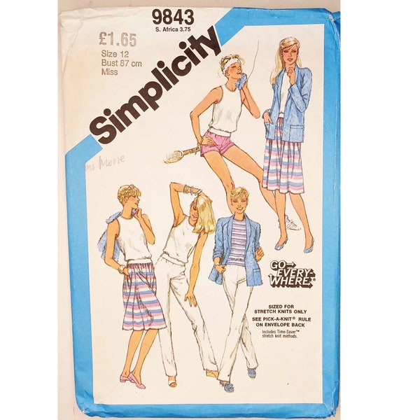 Vintage Simplicity 9843 Summer Sun Vest Top, Jacket, Skirt, Pants, Trousers, Shorts and T Shirt Sewing Pattern UK 12 Bust 34" or 14 Bust 36"