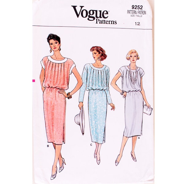 UNCUT Vogue 9252 Vintage 80er Jahre locker Pullover Rundhals Cap / Langarm Kleid mit Gummizug Taille Schnittmuster Größe Büste 34 "UK 12