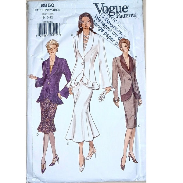 UNCUT* Vintage Vogue 8850 Shawl Tuxedo Collar Flounce Peplum Jacket & Skirt Suit Sewing Pattern UK 8 10 12