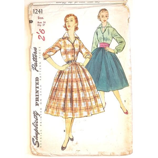 Part UNCUT Vintage 1950's Simplicity 1241 Dior New Look Style Dress & Cummerbund Belt Sewing Pattern Medium Bust 34"