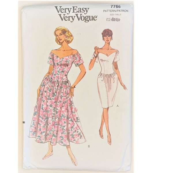 Very Easy Vogue 7766 Summer Strapless Off the Shoulder Fitted Bodice Drop Waist Tulip or Flare Skirt Dress Sewing Pattern UK 12