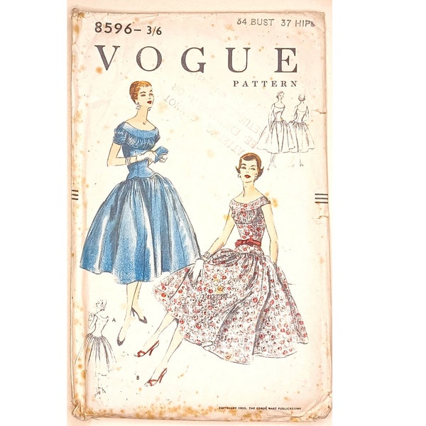 UNUSED Vintage 1950's Vogue 8596 Dior New Look Style Day Evening Cocktail Dress Gown Sewing Pattern Bust 34" 87 cm Hips 37" 94 cm UK 12